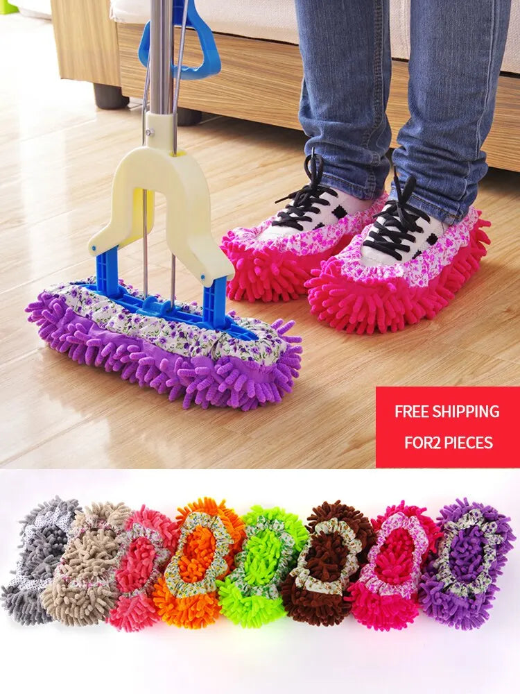 2 Pieces Of Chenille Mop Slippers Dust Removal Foot Socks